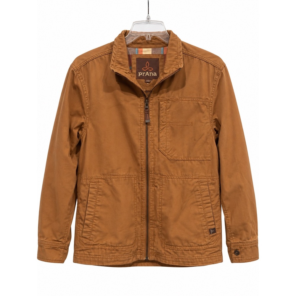 Prana Mens Brown Canvas Workwear Jacket Small Full Zip Plaid Lined Hiking Coat S
